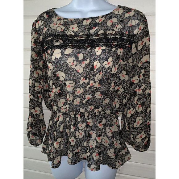 Lily Rose Sz MEDIUM Tunic Peplum Popover Black Scribble Floral Semi Sheer EUC - Picture 2 of 11